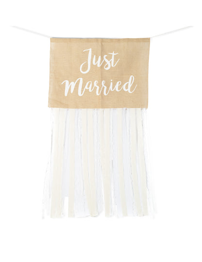 Kit voiture des mariés champêtre Just Married pour mariage en jute et dentelle beige et blanc
