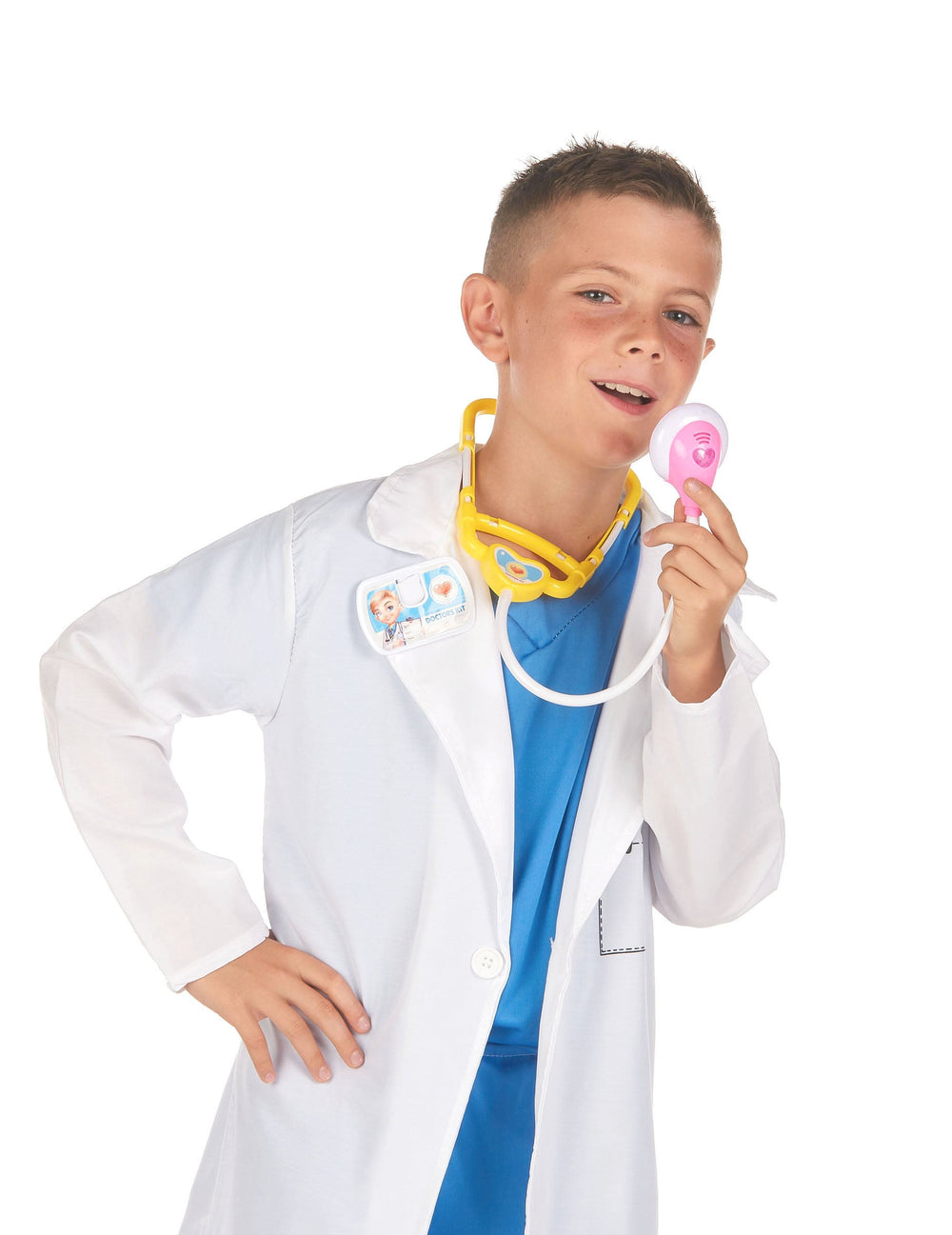 Détail du stéthoscope et de la blouse du Kit de docteur pour enfant 10 pièces bleu