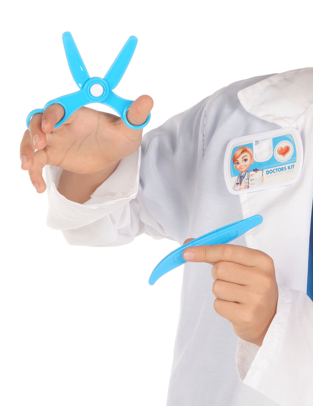 Détail des ciseaux et de la pince du Kit de docteur pour enfant 10 pièces bleu
