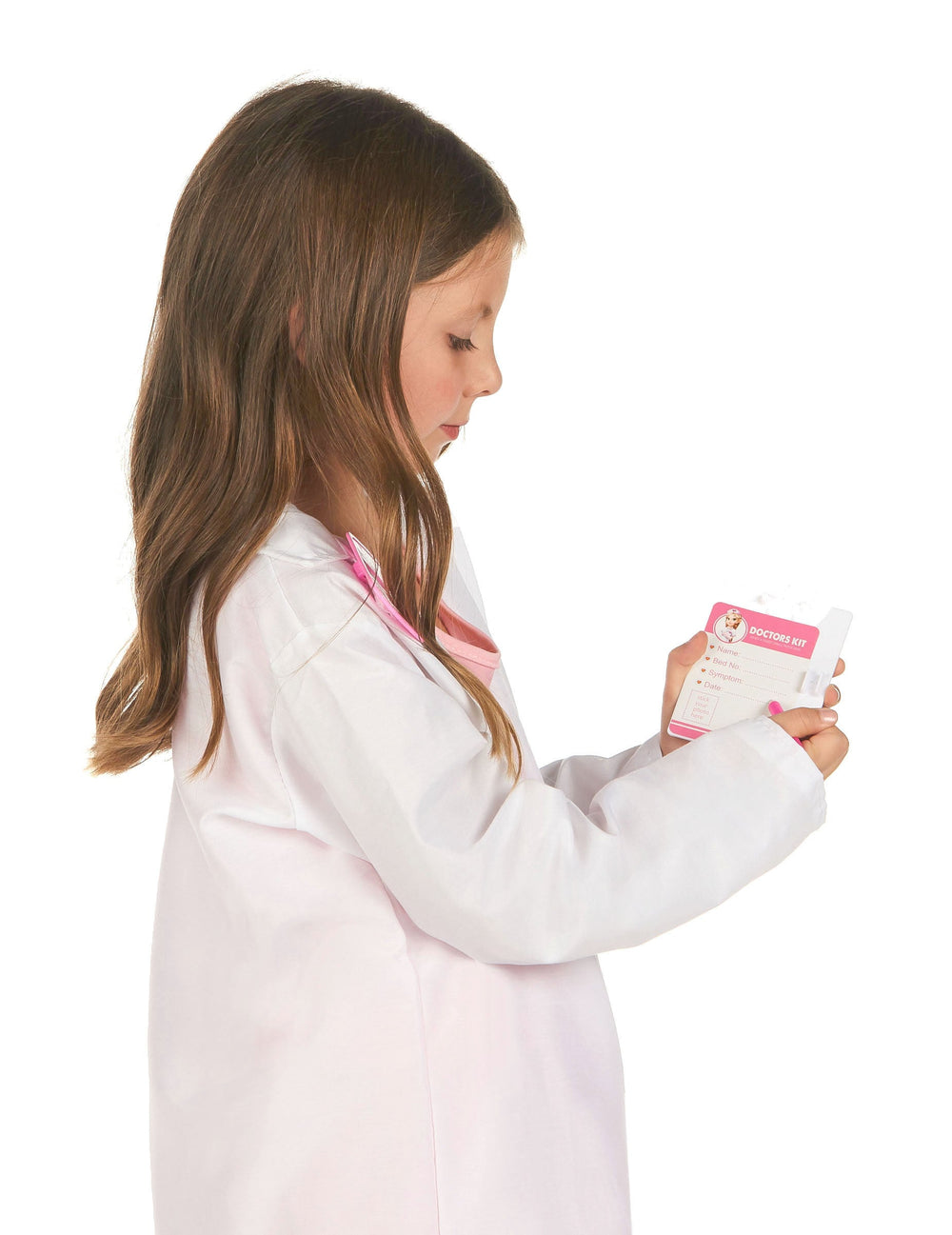 Vue de profil de la blouse et du formulaire de santé du Kit de docteur pour enfant rose