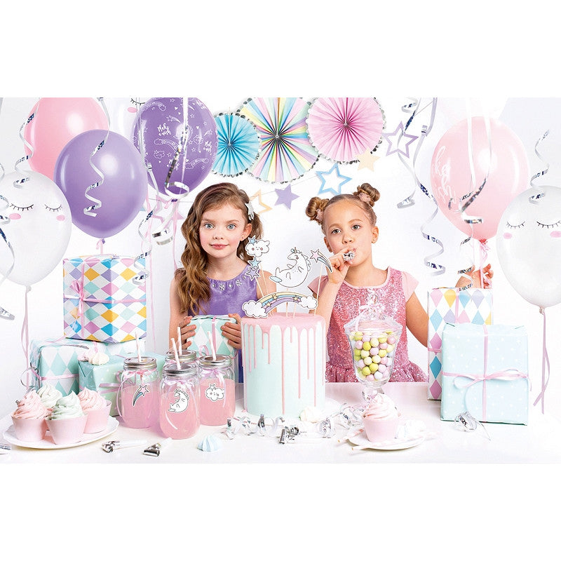 Set de decorațiuni pentru aniversare cu unicorn, 35 de piese, cu baloane și rozete