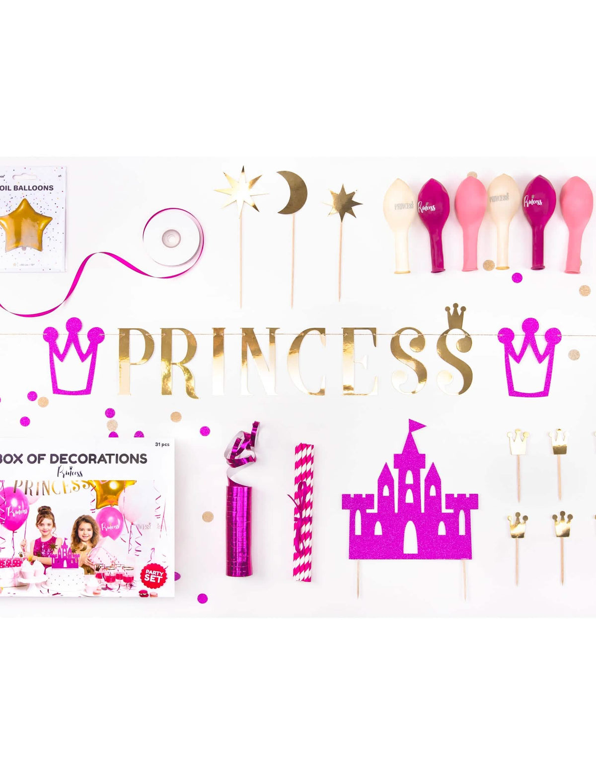 Kit de decorațiuni pentru aniversare prințesă pentru fată roz și auriu 31 piese