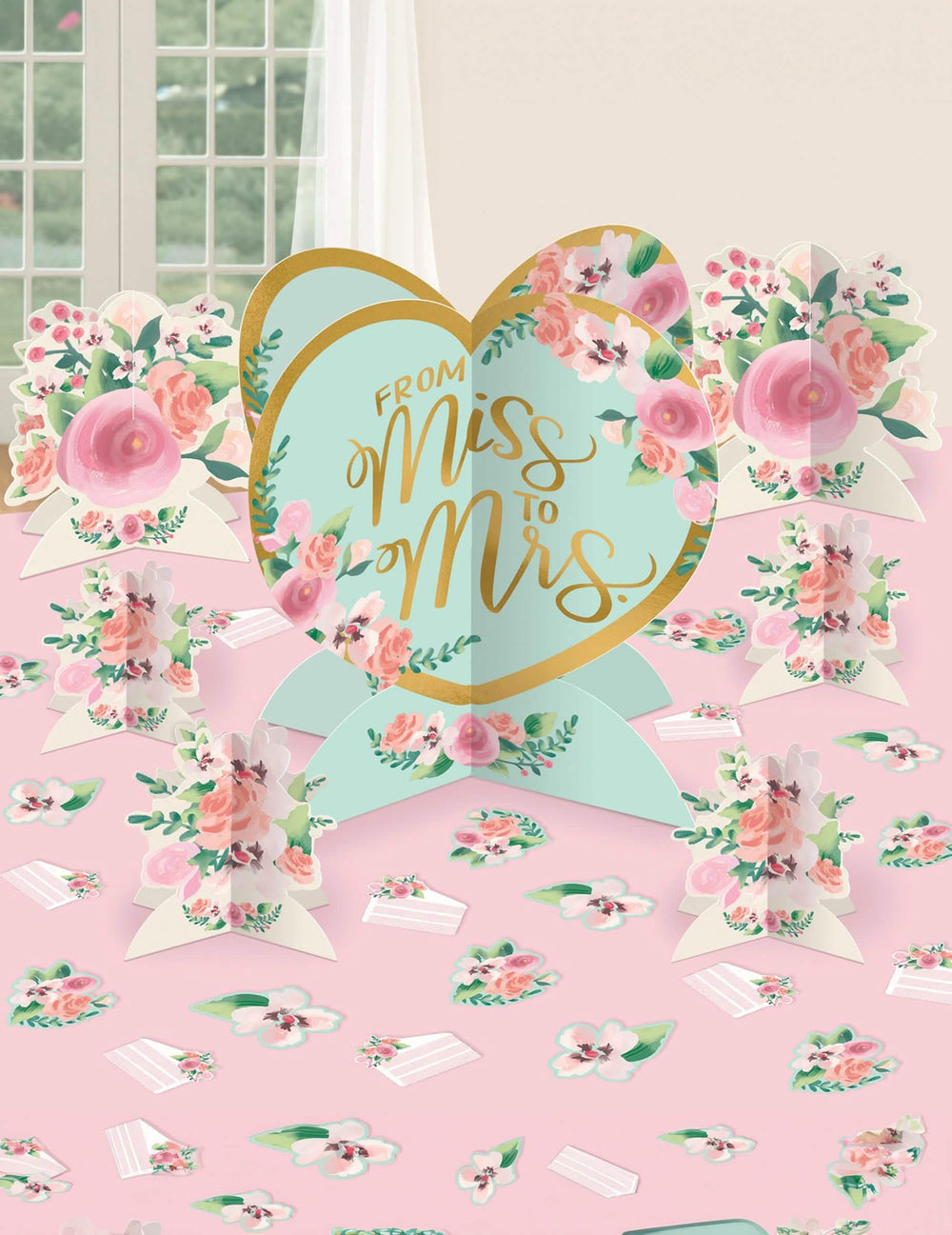 Prezentare generală a elementelor din kitul de decorațiuni de masă From Miss to Mrs pentru nuntă liberty