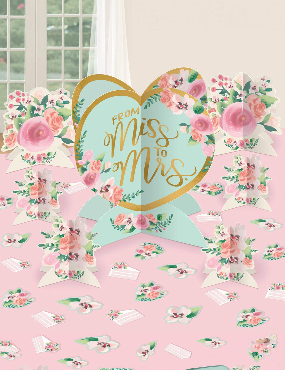 Prezentare generală a elementelor din kitul de decorațiuni de masă From Miss to Mrs pentru nuntă liberty