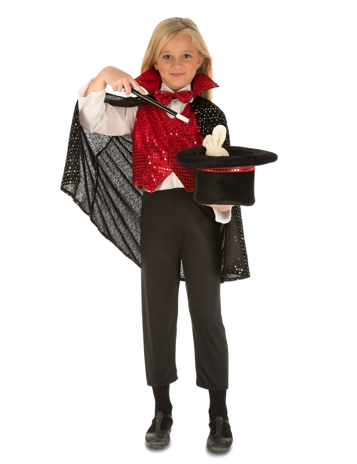 Vue d'ensemble avec baguette et chapeau du kit déguisement avec accessoires magicien