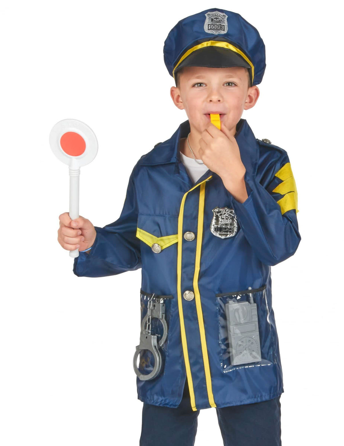 Vedere din față a kitului de costum și accesorii de polițist pentru copil
