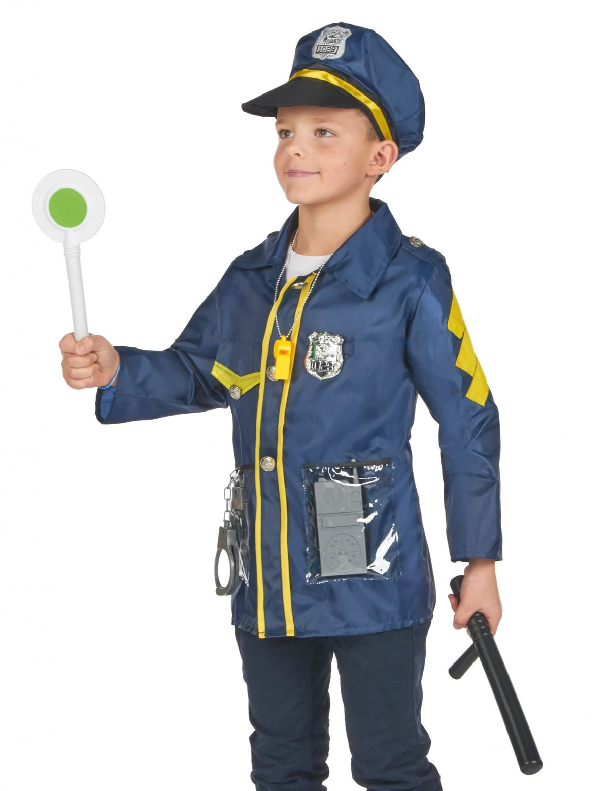 Vedere din profil a kitului de costum și accesorii de polițist pentru copil