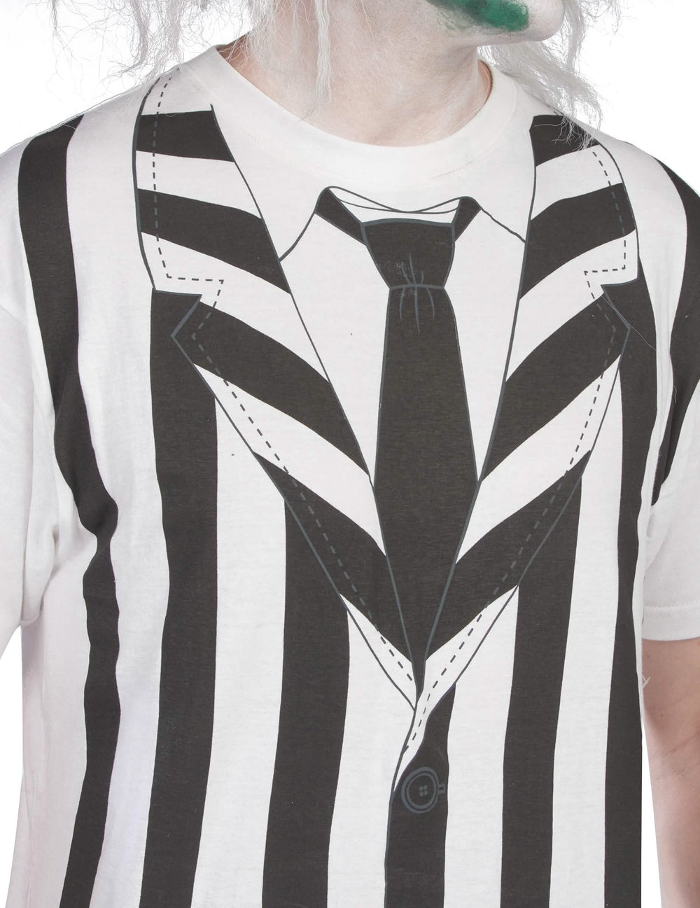 Détail de l'imprimé veste et cravate du kit déguisement et perruque Beetlejuice