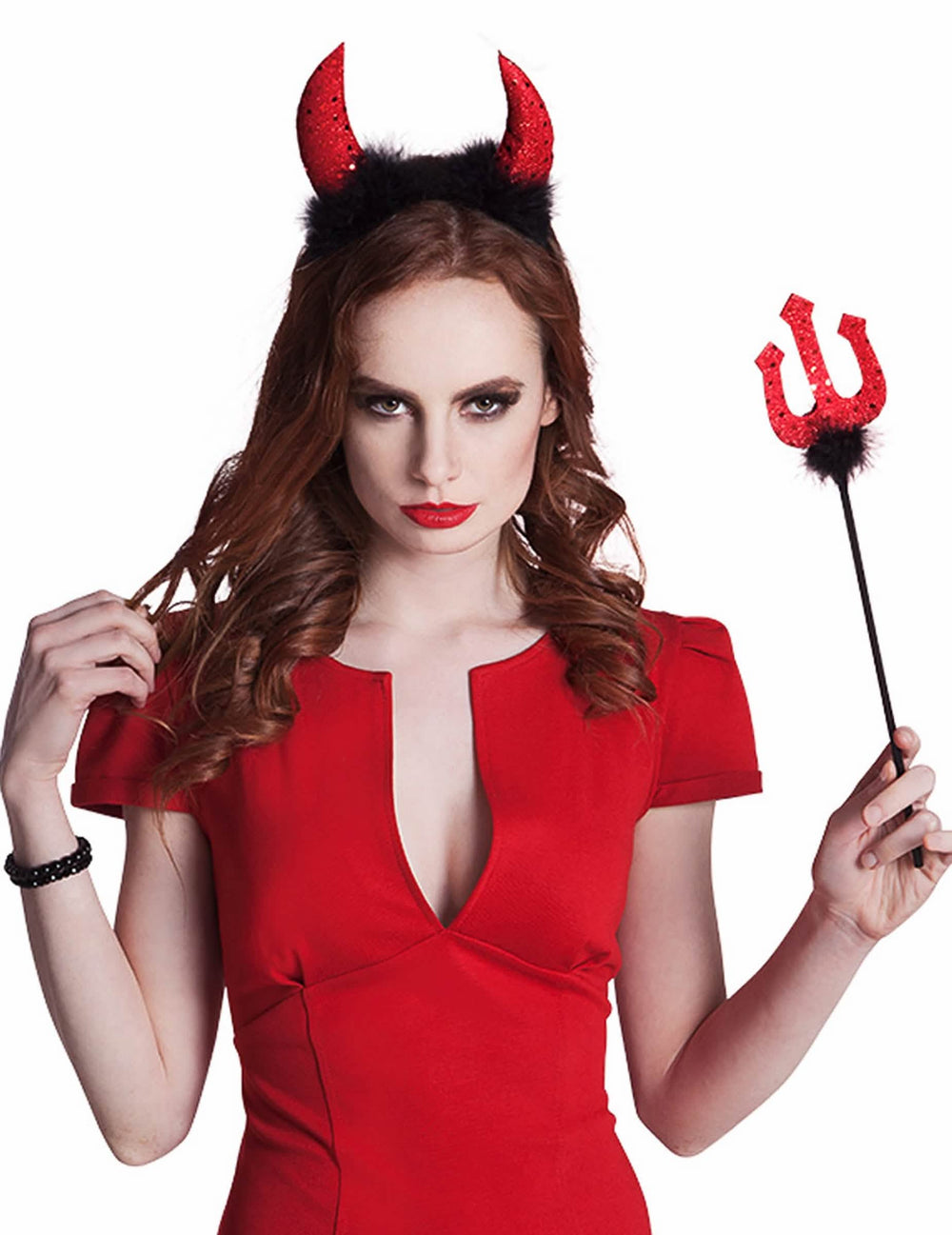Kit diablesă de halloween pentru femeie roșu cu paiete, cu coarne și trident