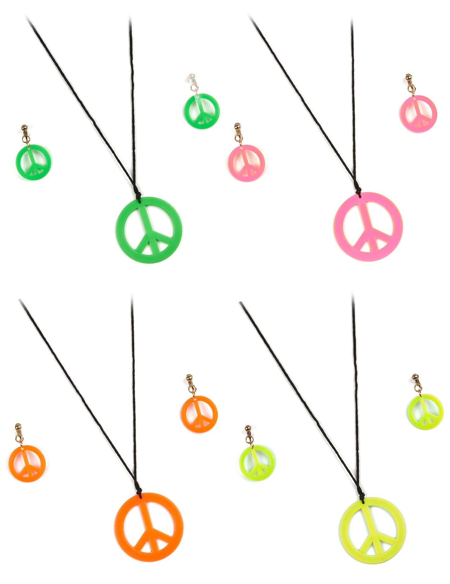 Kit hippie pour adulte multicolore néon avec collier et boucles d'oreilles peace and love