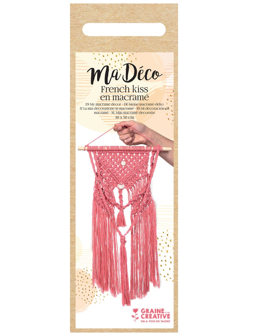 Vue de l'emballage du kit macramé suspension bohème rose diy en coton