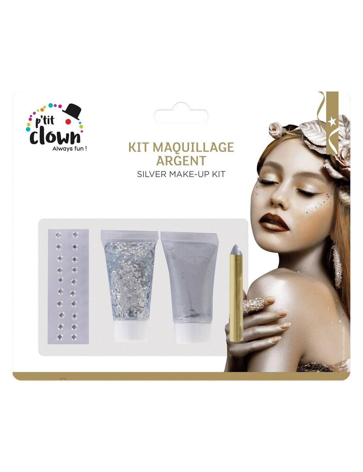 Kit maquillage à paillettes argent pour adulte argenté avec strass et tubes de gel
