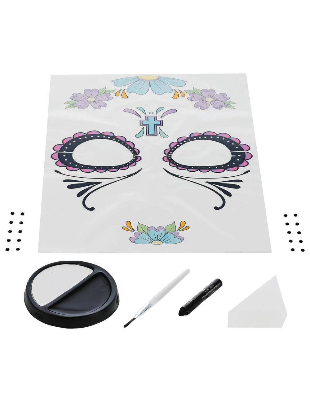 Vedere de ansamblu a conținutului kitului machiaj Dia de los muertos pentru femeie flori albastre