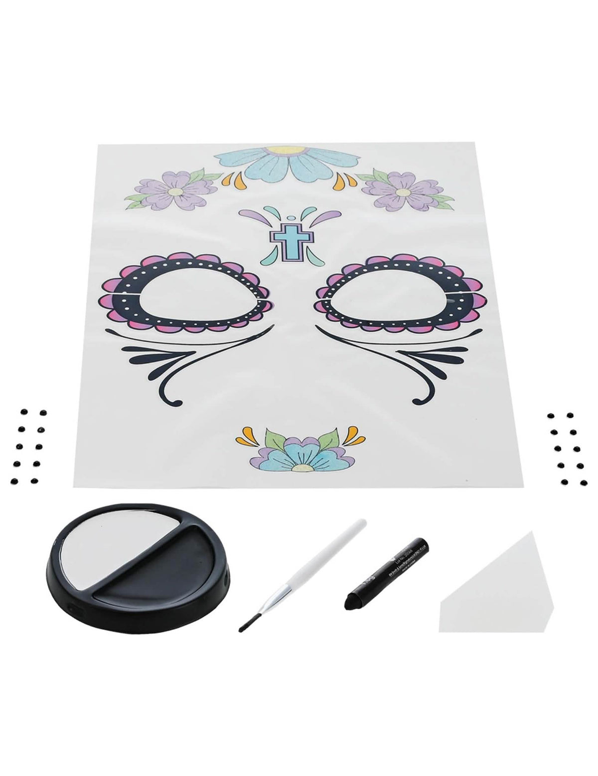 Vedere de ansamblu a conținutului kitului machiaj Dia de los muertos pentru femeie flori albastre
