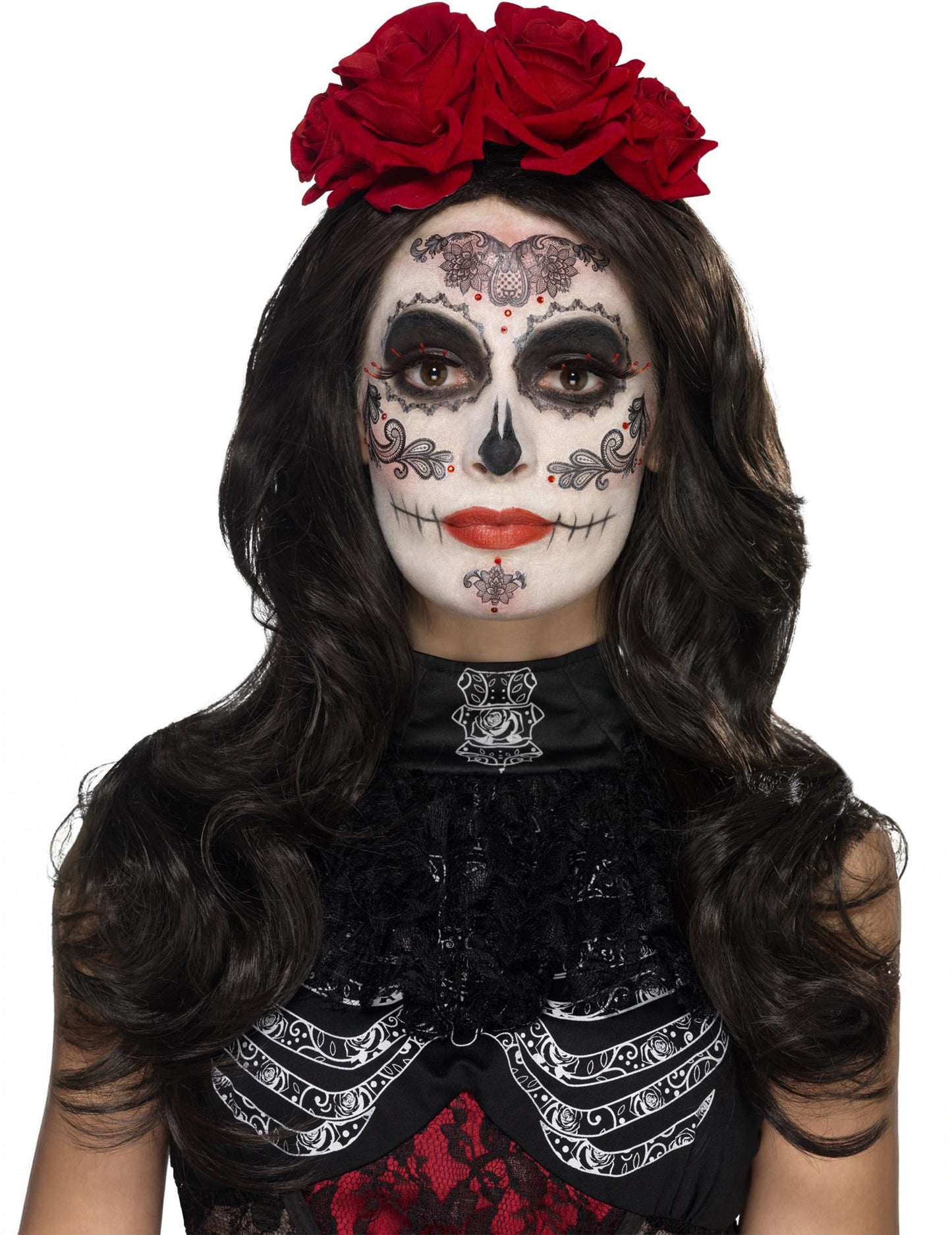 Kit maquillage glamour avec faux cils et bijoux Dia de los muertos pour femme noir blanc et rouge