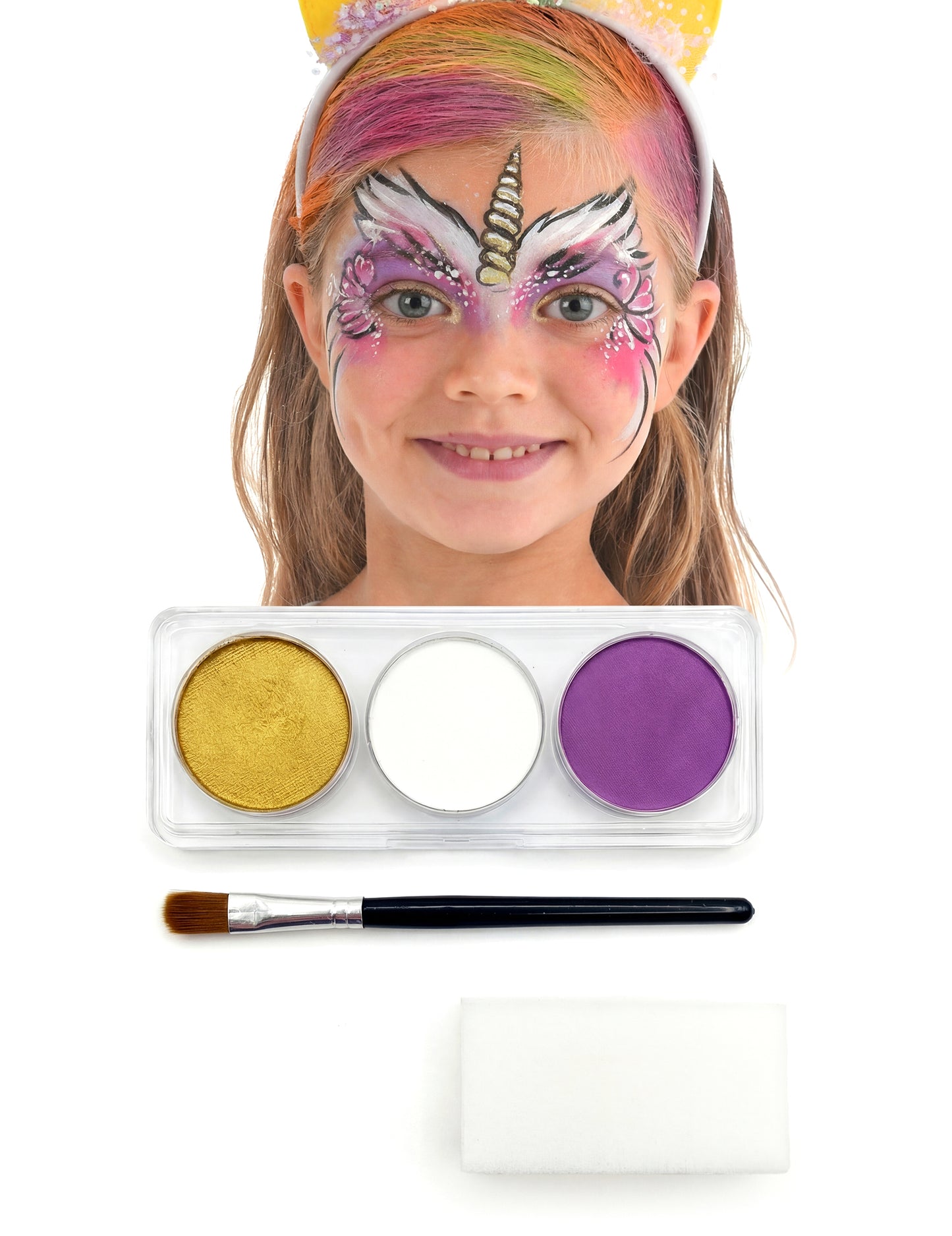 Kit maquillage licorne pour fille doré blanc et violet avec pinceau et éponge