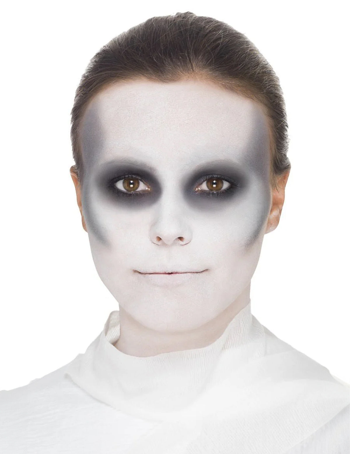 Détail du maquillage gris autour des yeux du kit maquillage momie pour adulte