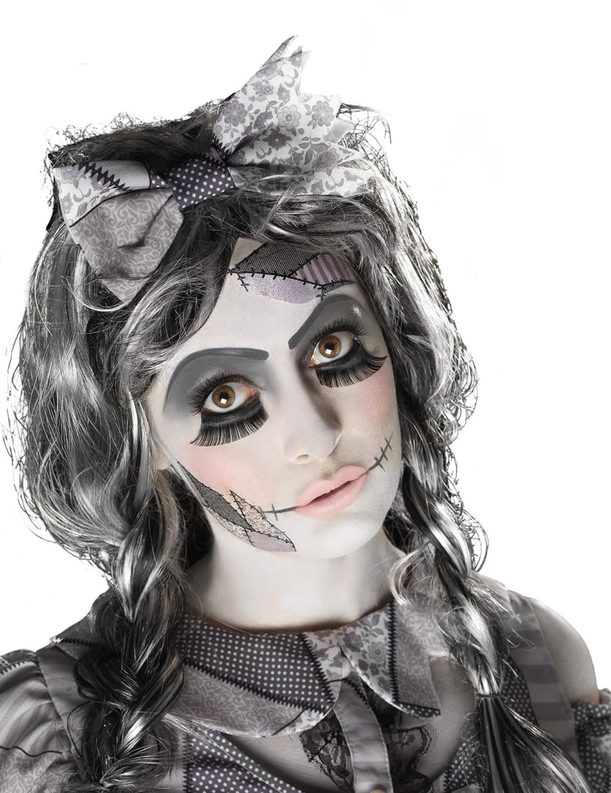 Kit machiaj păpușă halloween pentru adult gri și alb cu cicatrici și gene false