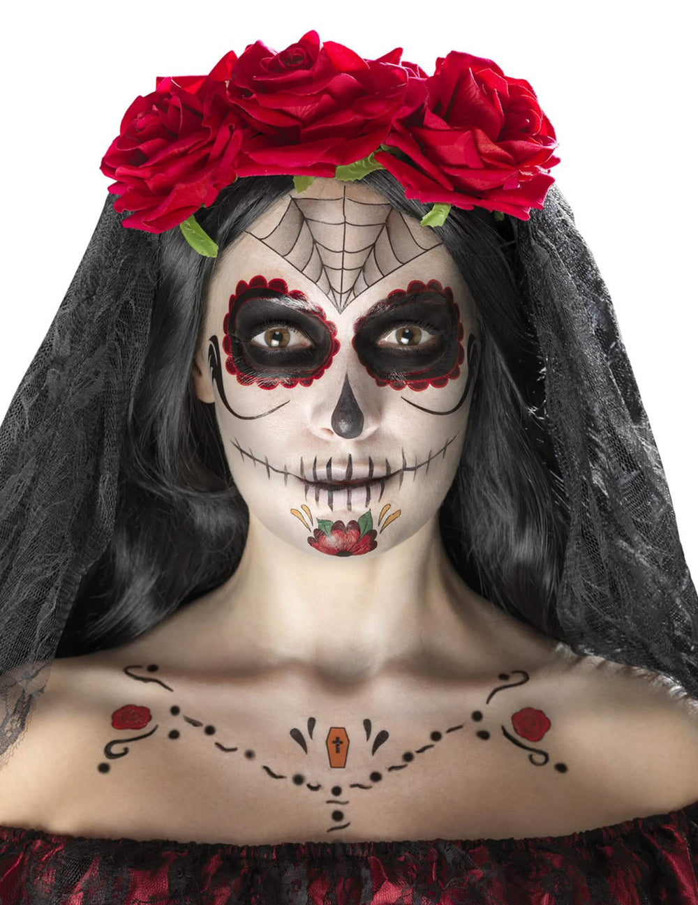 Kit machiaj prințesă păianjen Dia de los muertos pentru femeie roșu și negru