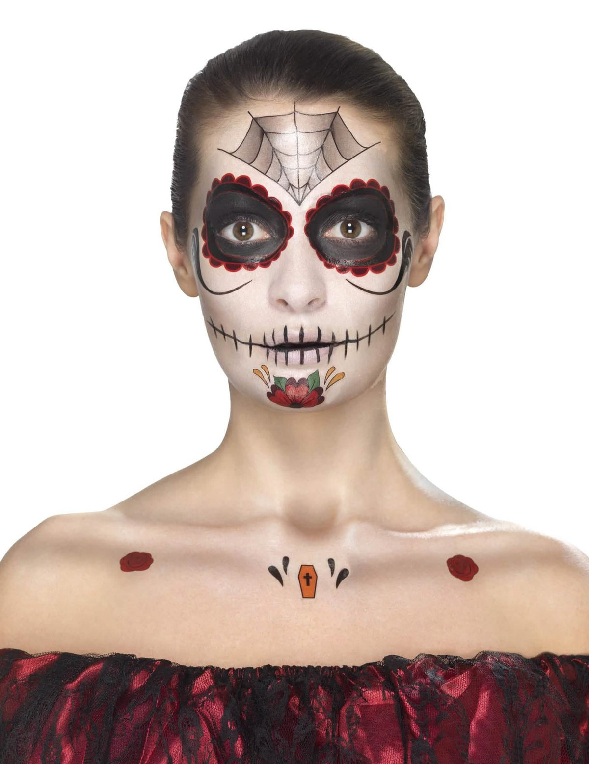 Randarea machiajului și a tatuajelor de bust ale Setului de machiaj prințesă păianjen Dia de los muertos