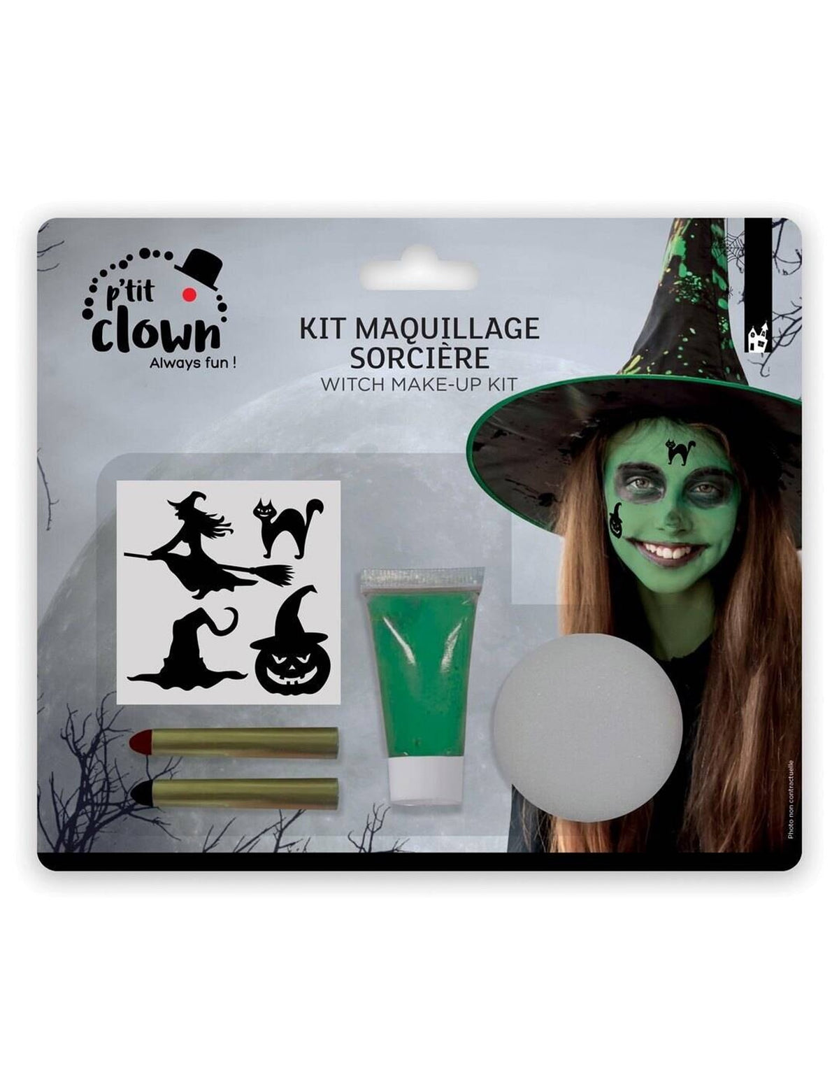 Kit maquillage sorcière pour enfant vert avec pochoirs et accessoires