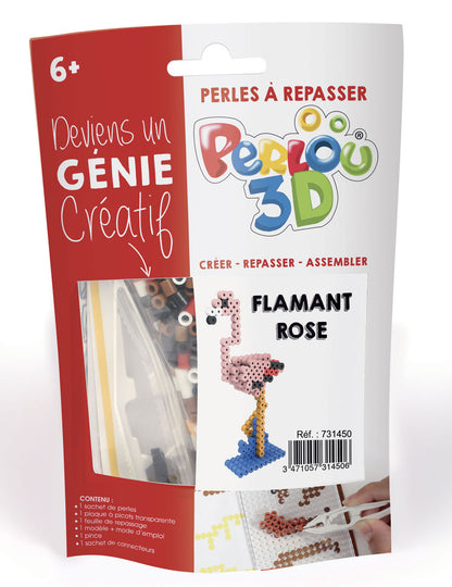 Vue de face de l'emballage du kit perles à repasser 3D flamant rose