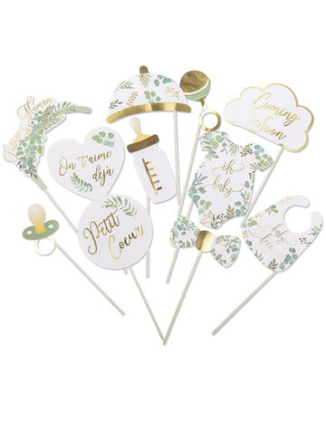 Kit cabină foto cu 11 piese, cu accesorii din eucalipt „Oh Baby” și auriu pentru petreceri baby shower