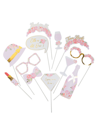 Set fotobooth 12 accesorii pentru petrecere a burlăcițelor, Floral, pentru femeie, roz și alb, cu motive de flori și auriri