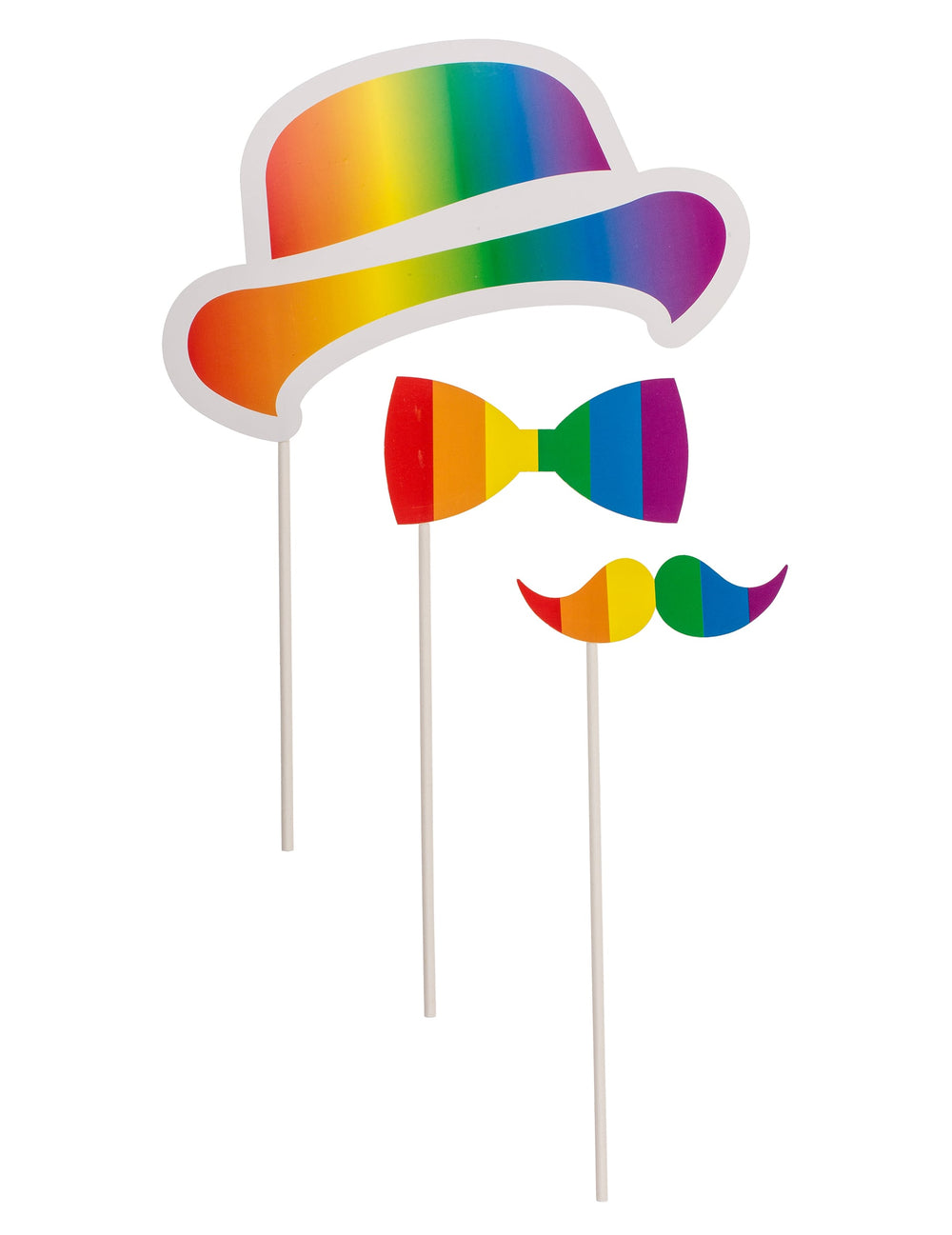 Accessoires chapeau, nœud papillon et moustache du kit photobooth pride arc-en-ciel