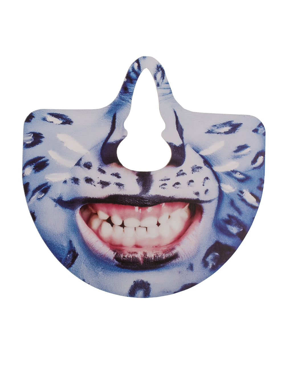 Détail d'un accessoire de bouche léopard bleu avec moustaches du kit photobooth bouches humoristiques