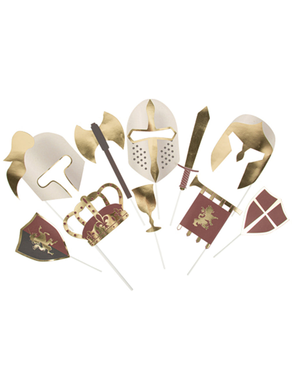 Kit photobooth chevalier pour enfant doré et rouge bordeaux 10 pièces