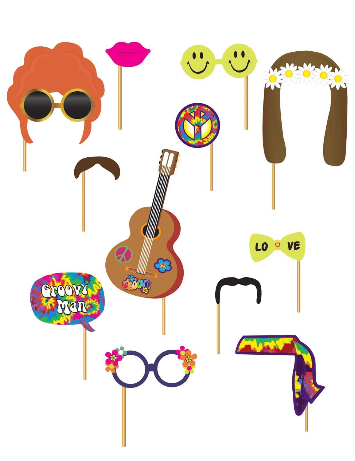 Kit photobooth Hippie pentru adult multicolor 12 piese