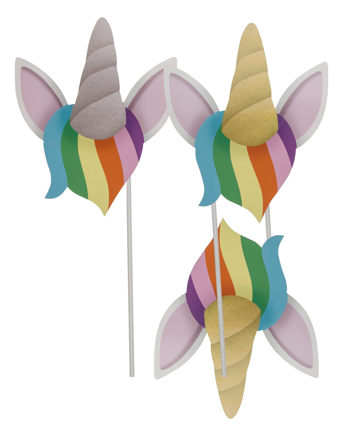 Têtes de licorne avec oreilles et crinière arc-en-ciel sur tiges du kit photobooth licorne