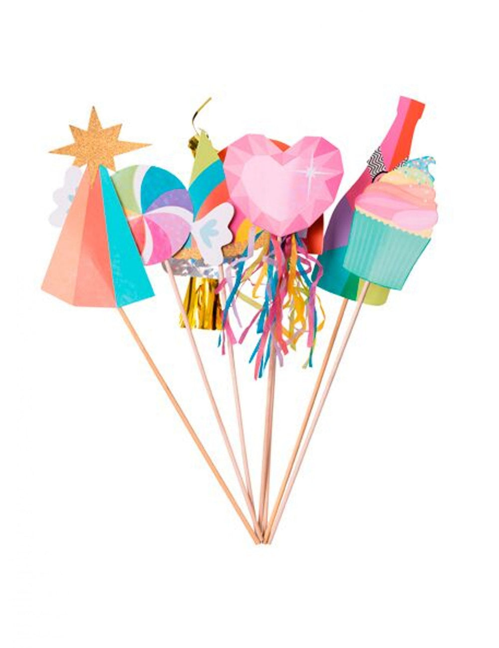 Kit photobooth multicolore pour fête avec tassels et paillettes dorées 7 accessoires sur pics
