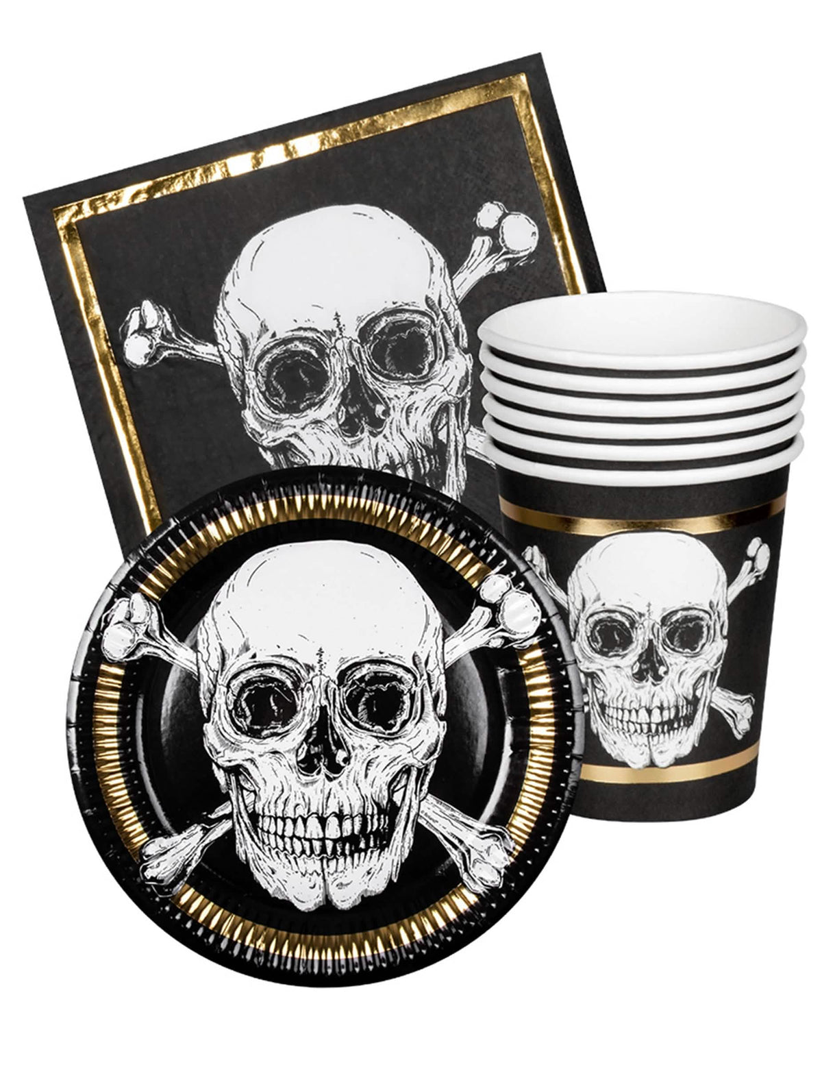 Kit de veselă Pirat Jolly Roger pentru 6 persoane negru și auriu