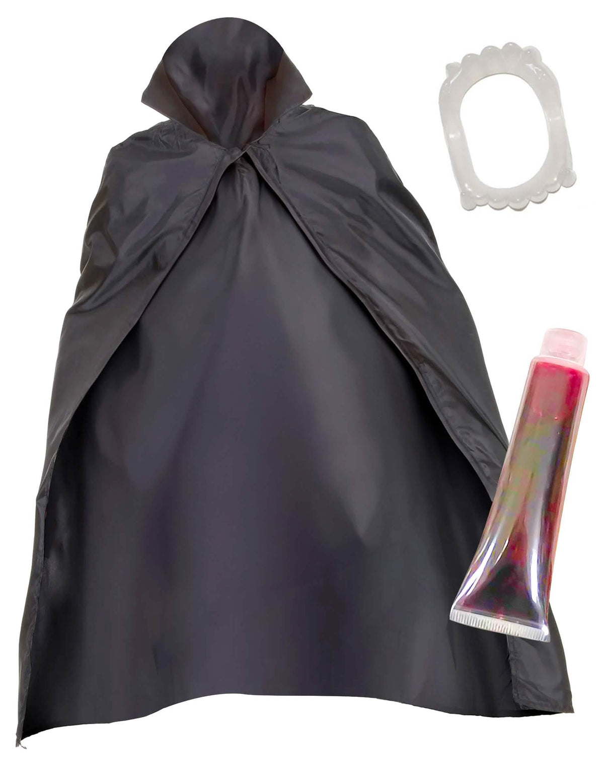 Kit de vampir pentru adult negru cu pelerină, proteză dentară și sânge fals