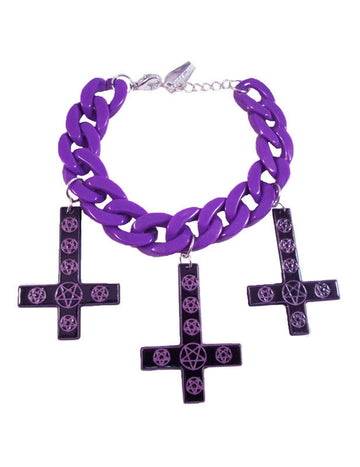 Brățară cu lanț violet cu 3 pandantive negre încrucișate