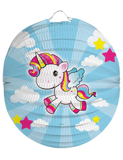 Lanterne en papier Licorne bleue avec nuages et étoiles