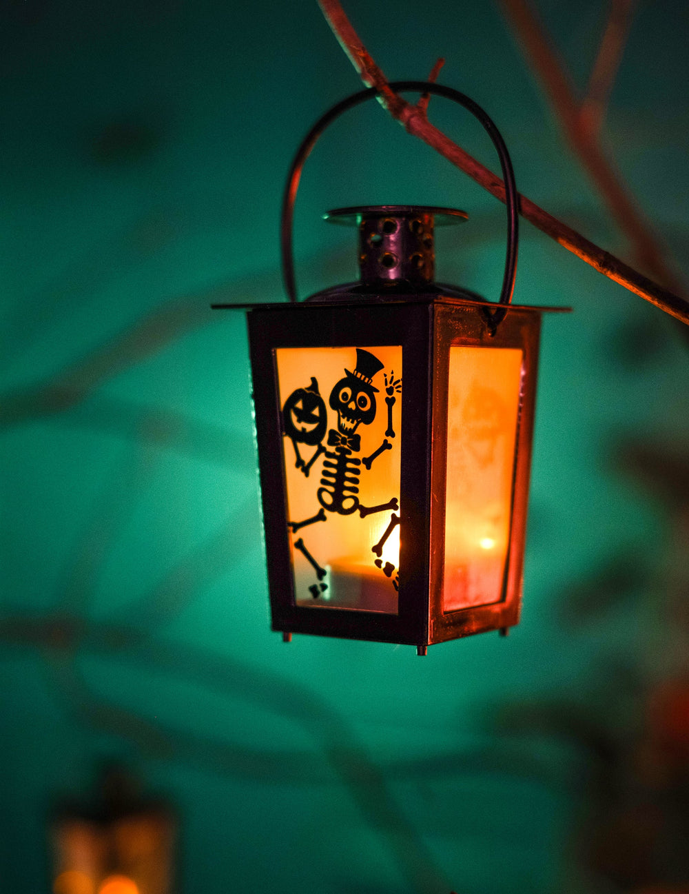 Vue de la lanterne allumée suspendue de la lanterne lumineuse Halloween avec squelette et citrouille