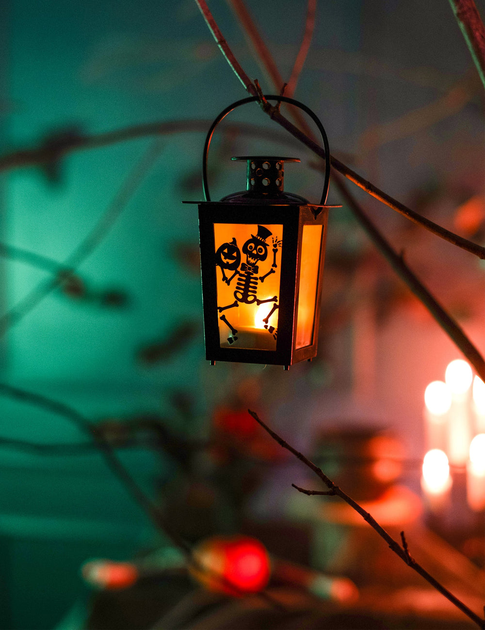 Mise en scène suspendue sur une branche de la lanterne lumineuse Halloween avec squelette et citrouille
