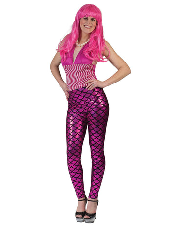 Legging sirène pour femme rose brillant à écailles noires