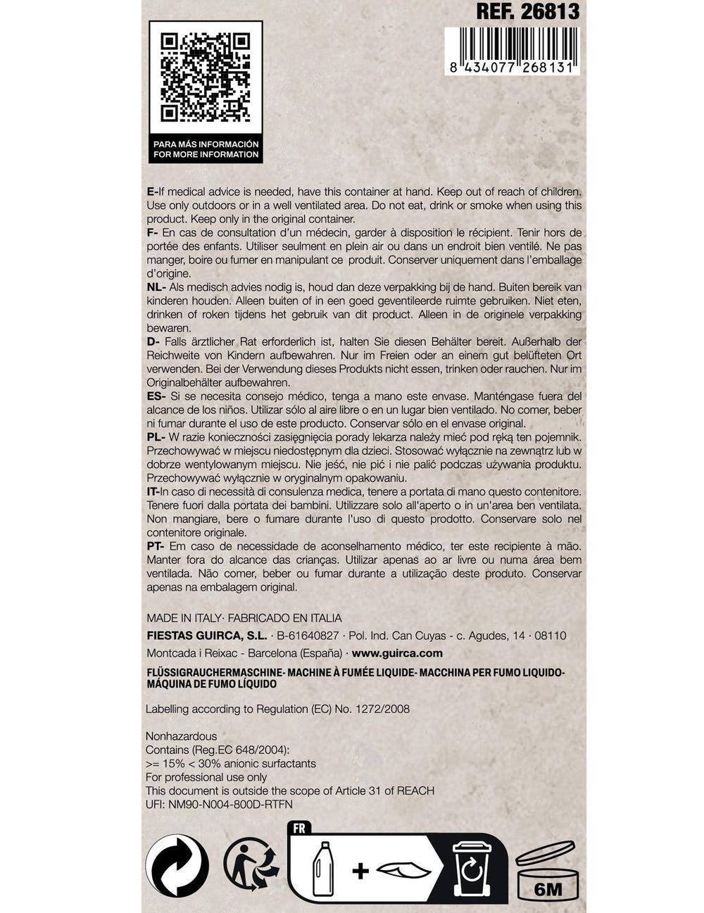 Précautions d'emploi et étiquette du liquide à fumée à base d'eau 1L
