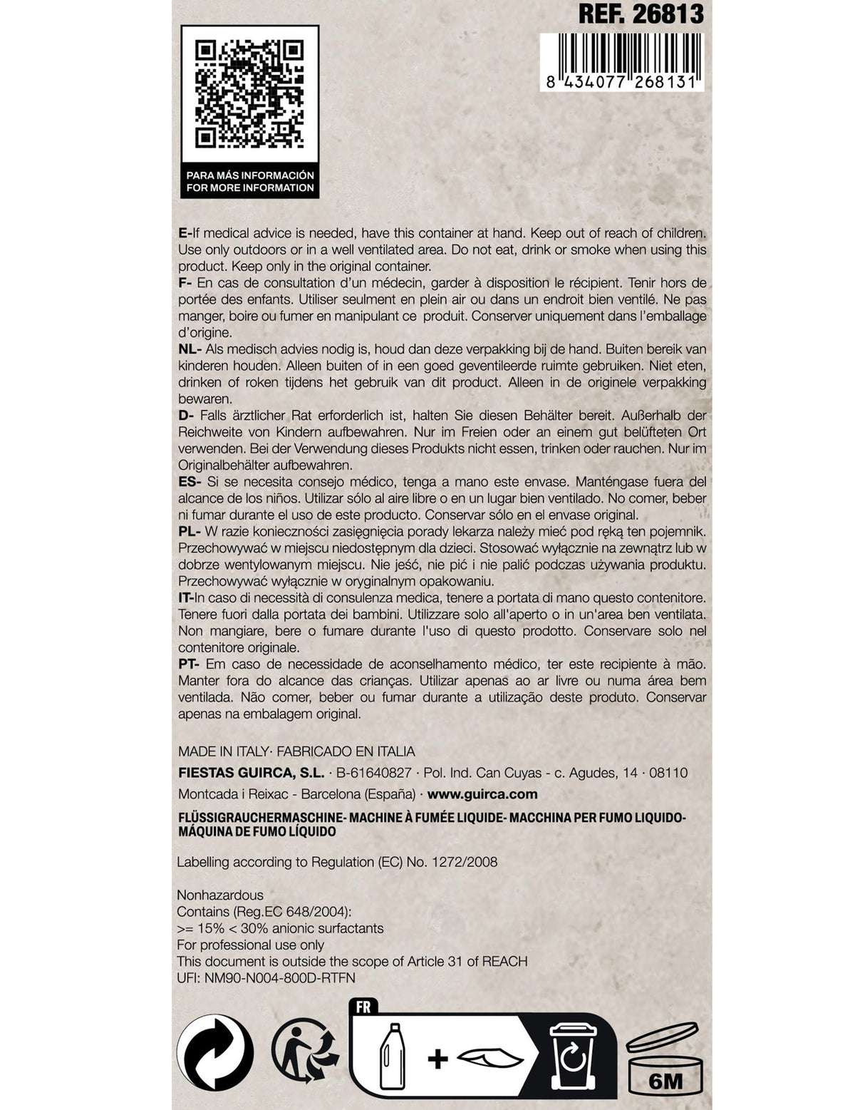 Précautions d'emploi et étiquette du liquide à fumée à base d'eau 1L