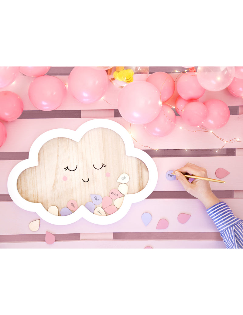 Carte de oaspeți din lemn în formă de nor, 43 x 30 cm cu 30 de picături