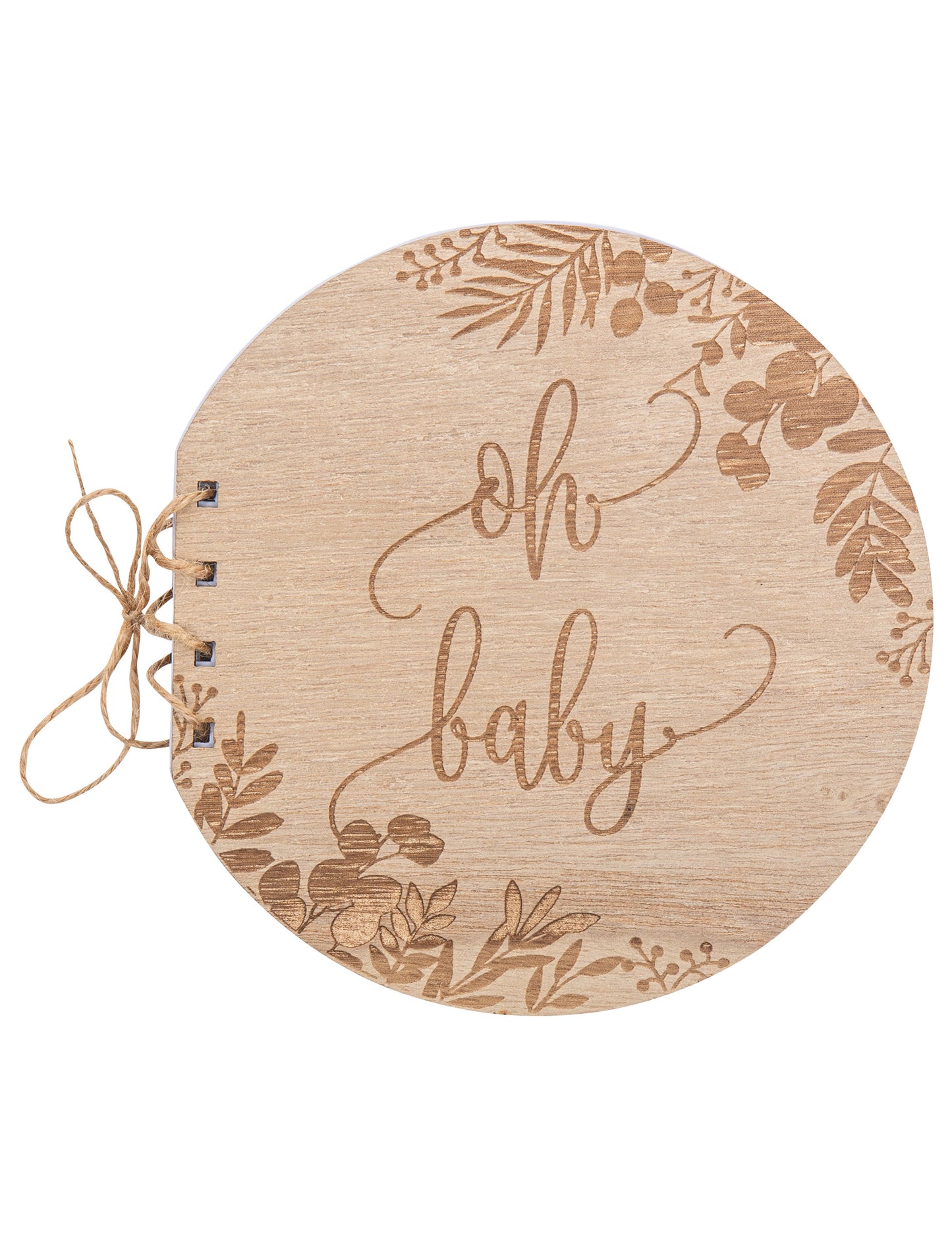 Livre d'or Oh Baby eucalyptus pour baby shower en bois naturel rond