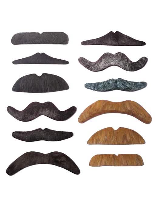 Set de 12 mustăți pentru adult negre, gri și brunete, de forme variate