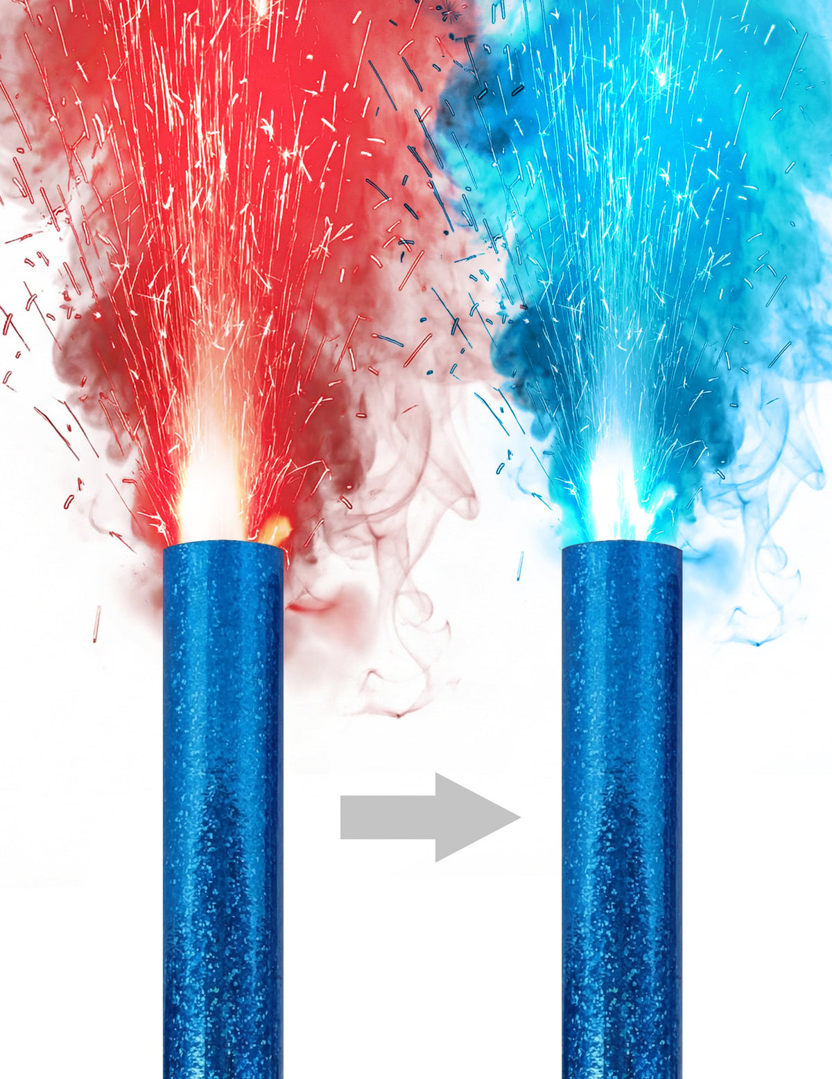 Détail du changement de couleur du rouge au bleu des fontaines scintillantes à changement de couleur bleu et rouge