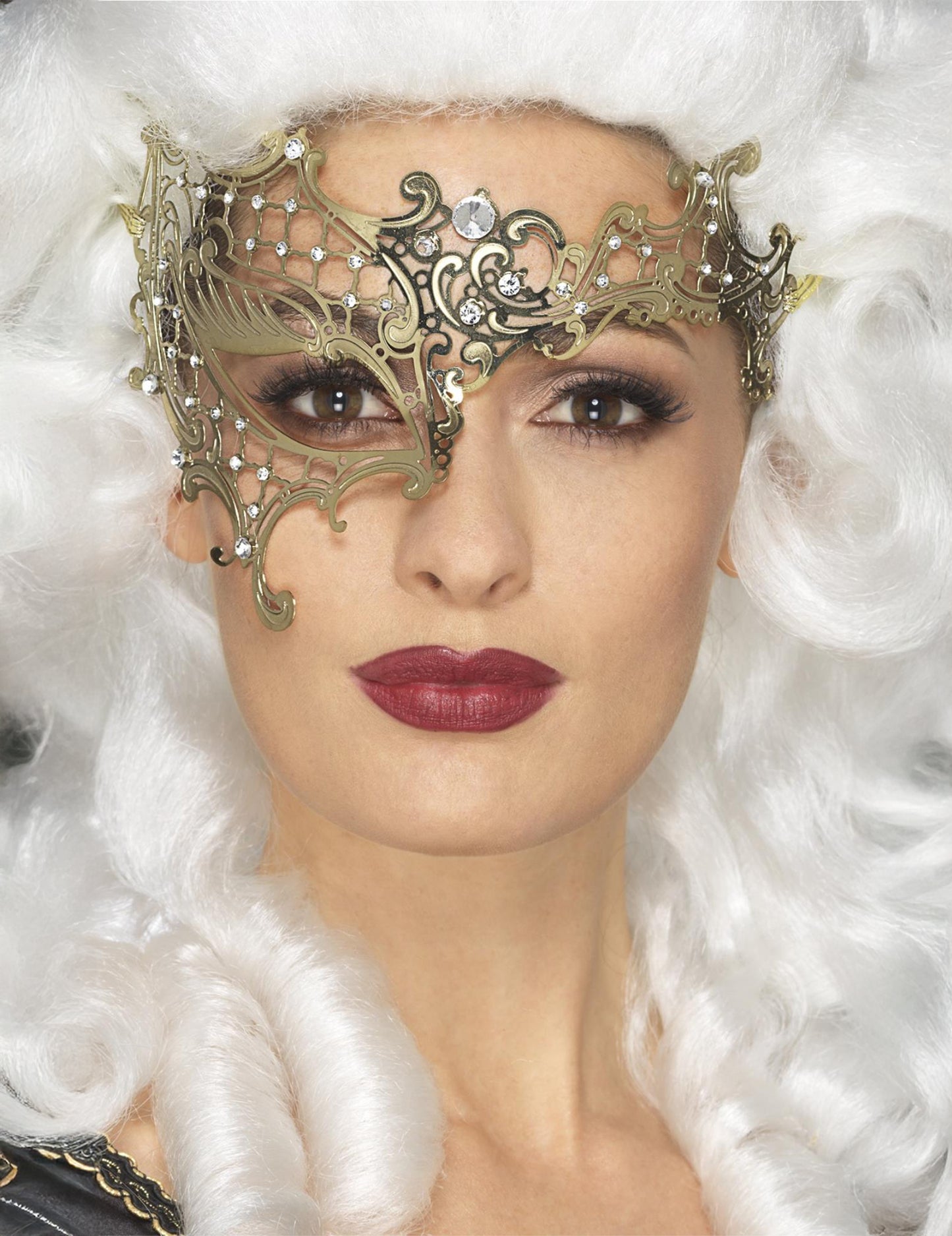 Mască metalică sexy pentru femei, aurie, cu strasuri