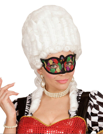 Loup arlequin à paillettes pour femme multicolore avec bordure noire