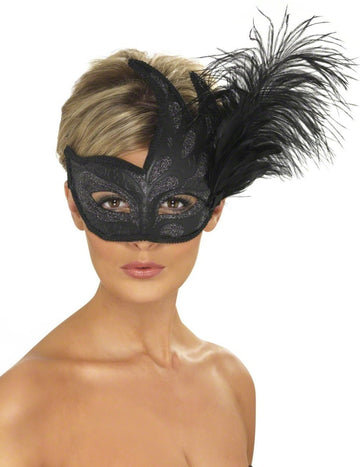 Lup negru cu paiete de argint și pene pentru adulți